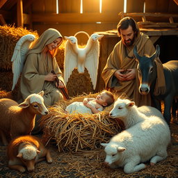 The nativity scene featuring baby Jesus lying in a straw bed beside Virgin Mary, Saint Joseph, an angel, white sheep, a brown ox, and a gray donkey