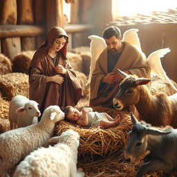 The nativity scene featuring baby Jesus lying in a straw bed beside Virgin Mary, Saint Joseph, an angel, white sheep, a brown ox, and a gray donkey