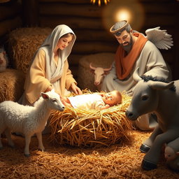 The nativity scene featuring baby Jesus lying in a straw bed beside Virgin Mary, Saint Joseph, an angel, white sheep, a brown ox, and a gray donkey