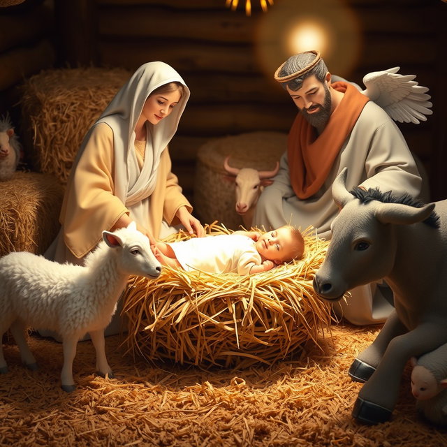 The nativity scene featuring baby Jesus lying in a straw bed beside Virgin Mary, Saint Joseph, an angel, white sheep, a brown ox, and a gray donkey