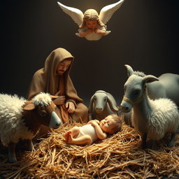 A nativity scene featuring baby Jesus lying in the straw, next to the Virgin Mary and Saint Joseph