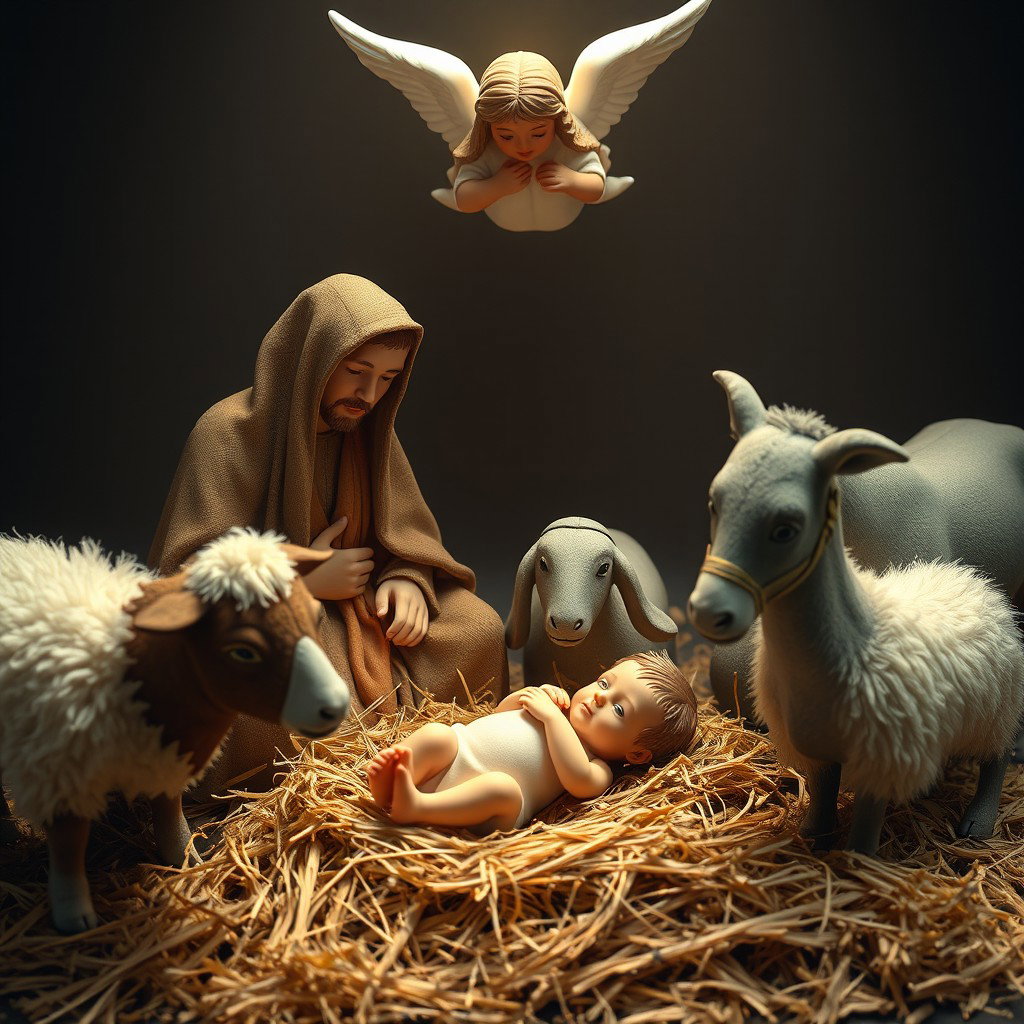 A nativity scene featuring baby Jesus lying in the straw, next to the Virgin Mary and Saint Joseph