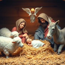 A nativity scene featuring baby Jesus lying in the straw, next to the Virgin Mary and Saint Joseph