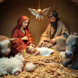 A nativity scene featuring baby Jesus lying in the straw, next to the Virgin Mary and Saint Joseph