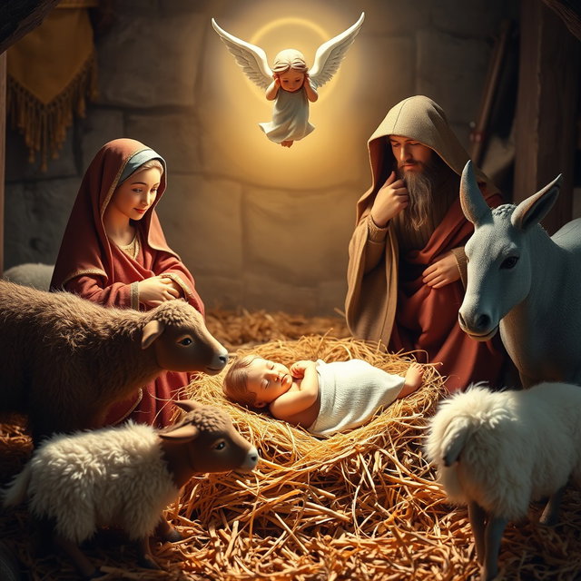 A nativity scene featuring baby Jesus lying in the straw, next to the Virgin Mary and Saint Joseph