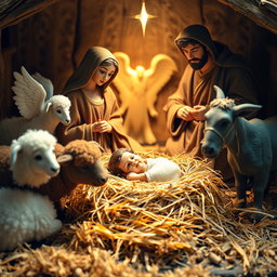 The nativity scene featuring baby Jesus lying in a bed of straw next to the Virgin Mary and Saint Joseph