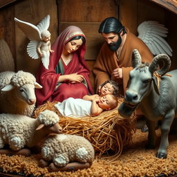 The nativity scene featuring baby Jesus lying in a bed of straw next to the Virgin Mary and Saint Joseph