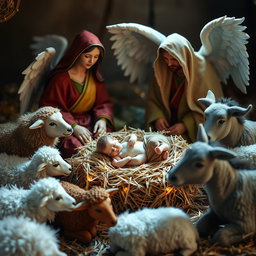 The nativity scene featuring baby Jesus lying in a bed of straw next to the Virgin Mary and Saint Joseph