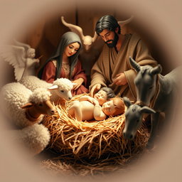 The nativity scene featuring baby Jesus lying in a bed of straw next to the Virgin Mary and Saint Joseph