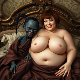 In a noble medieval bedroom, two figures lie together on an ornate bed