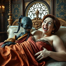 Lying on a magnificent medieval bed in a beautifully decorated room, a striking scene features a very small female Goblin with dark black skin and a malnourished body, showcasing sharp, decayed teeth