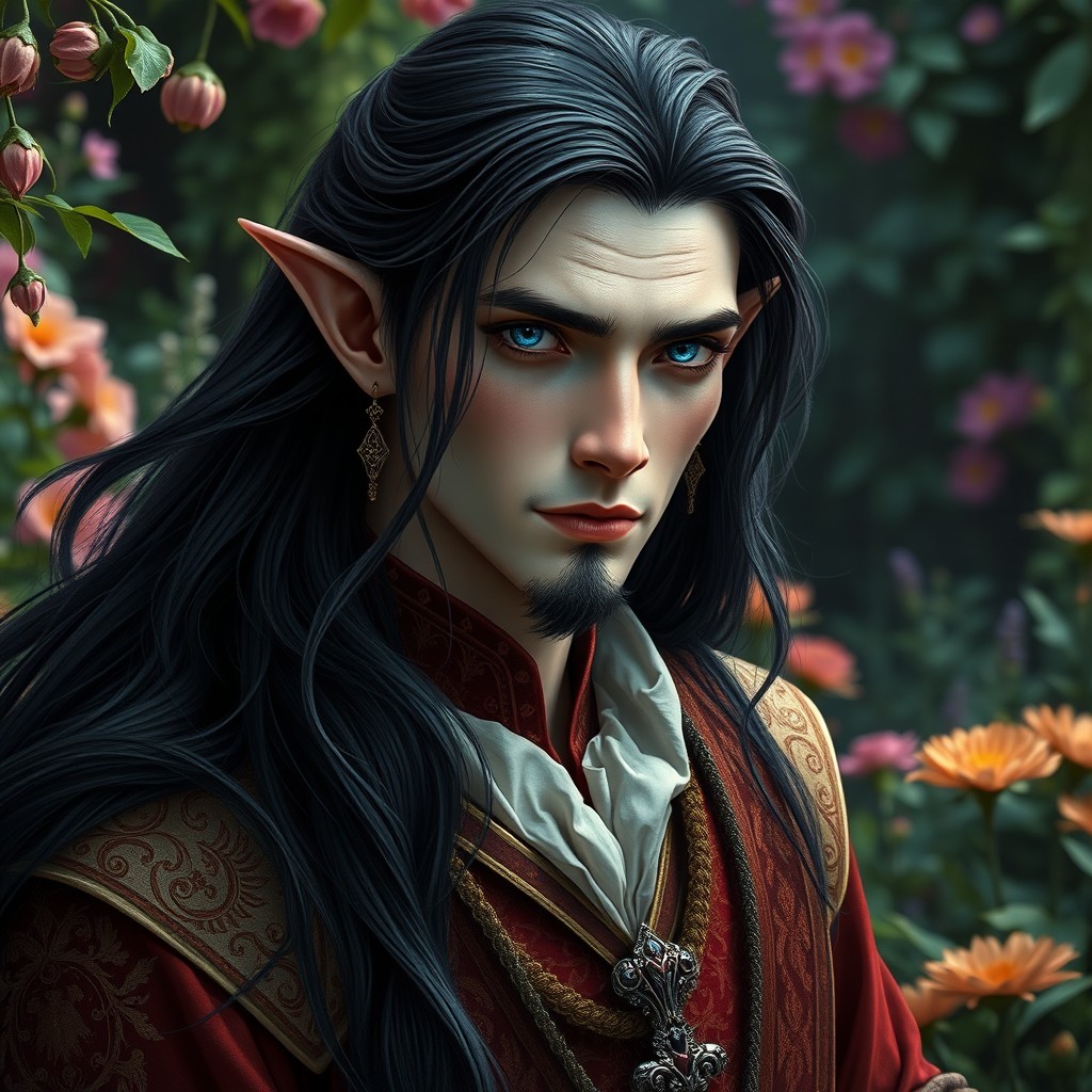 A noble elf man with long, flowing black hair and striking pale skin, featuring captivating dark blue eyes that radiate wisdom