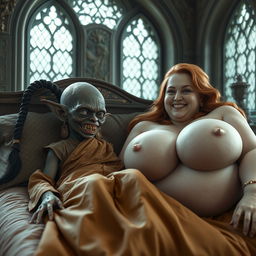 In a medieval bedroom, two figures are lying on a grand bed