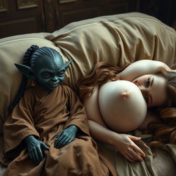 In a medieval room, two figures recline on an ornate bed draped with lavish fabrics