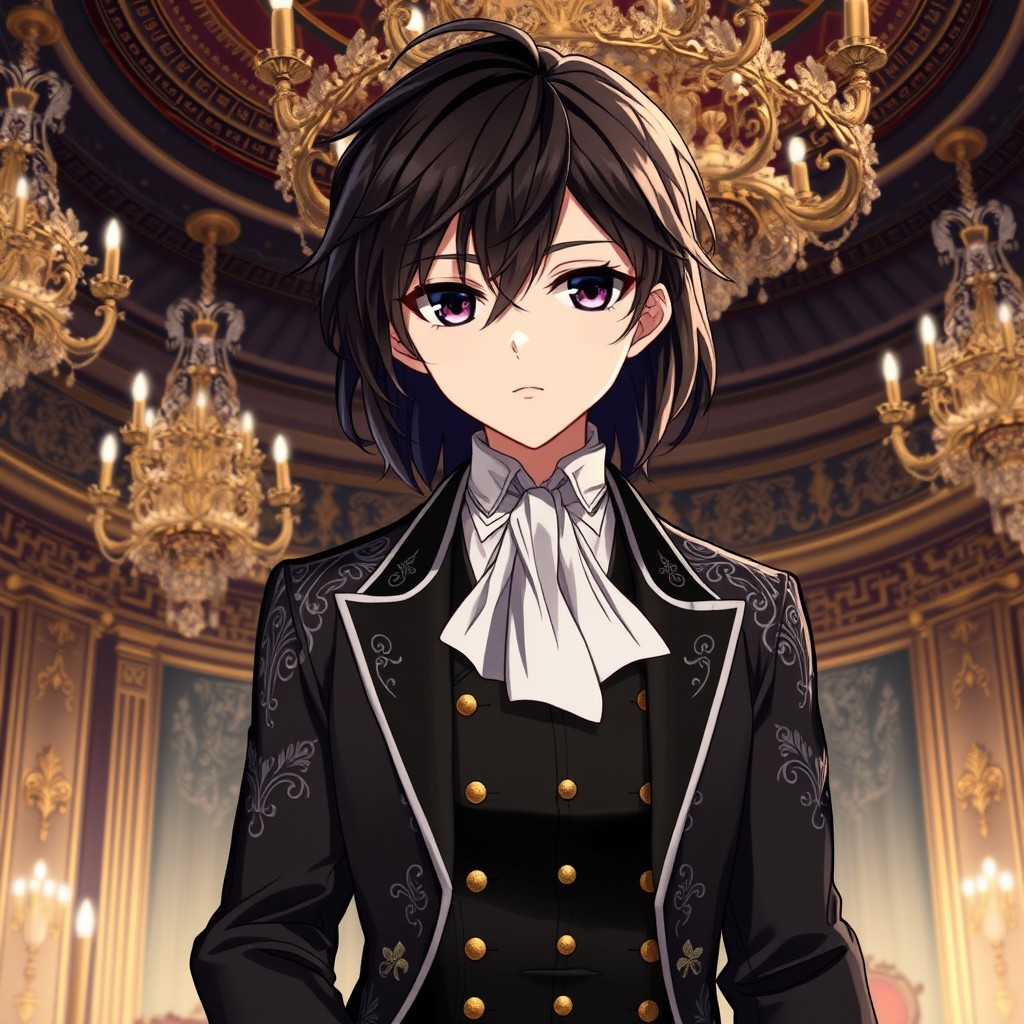 A captivating anime character with rich, dark hair styled elegantly, gracefully falling around their shoulders