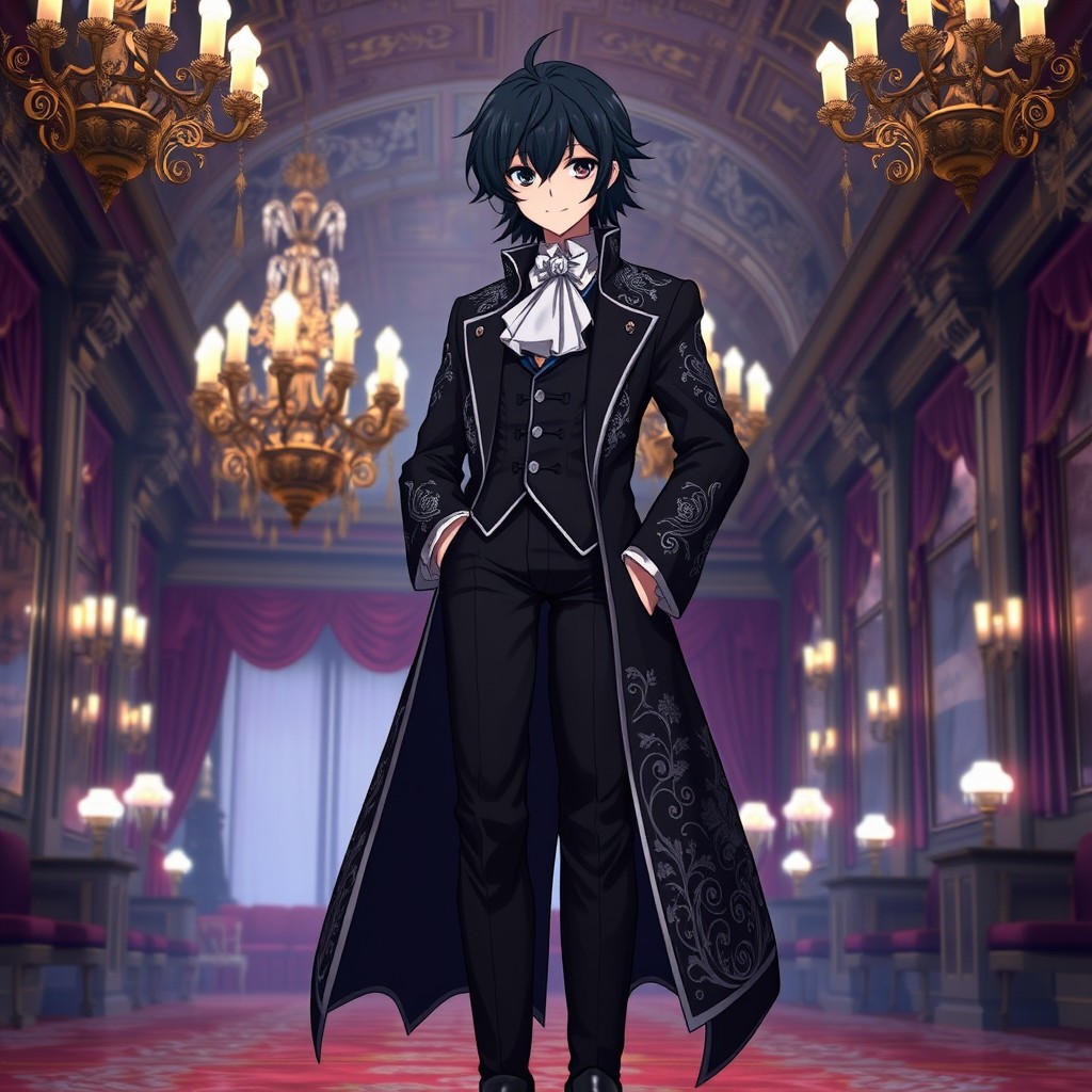 A sophisticated anime character with flowing dark hair that elegantly frames their face, styled in a refined manner suitable for an 18th-century aristocrat