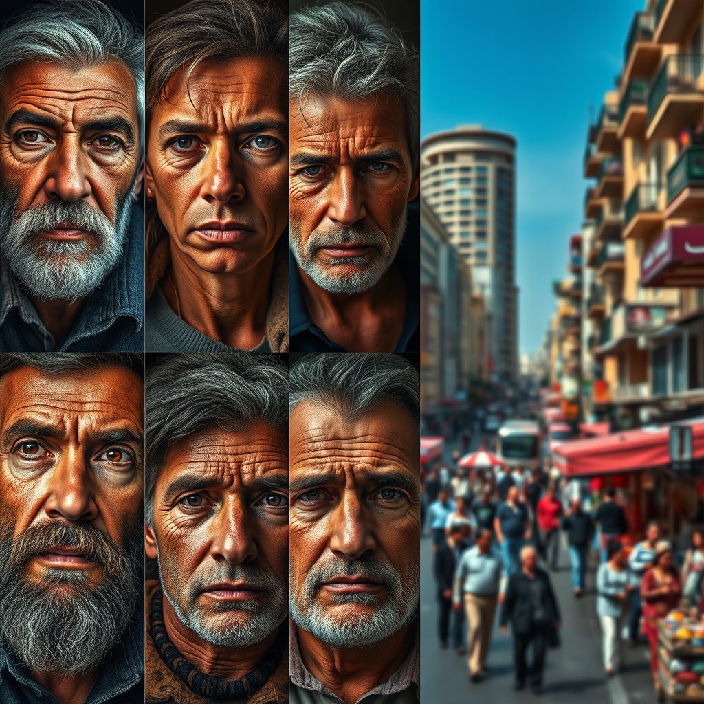 A series of raw and real portraits of faces representing the rich cultural diversity of Lebanon, combined with vibrant streetscapes of Beirut in the background