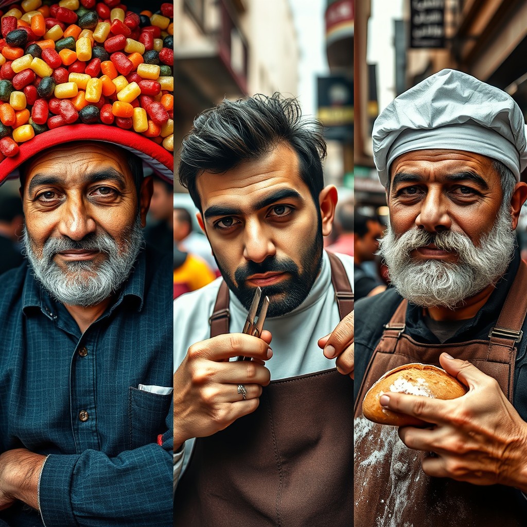 A collection of close-up portraits of faces in the streets of Beirut, featuring a diverse range of characters: one sweet vendor showcasing vibrant colorful sweets, one barber mid-haircut with scissors in hand, and one baker holding freshly baked bread with flour dust on his apron