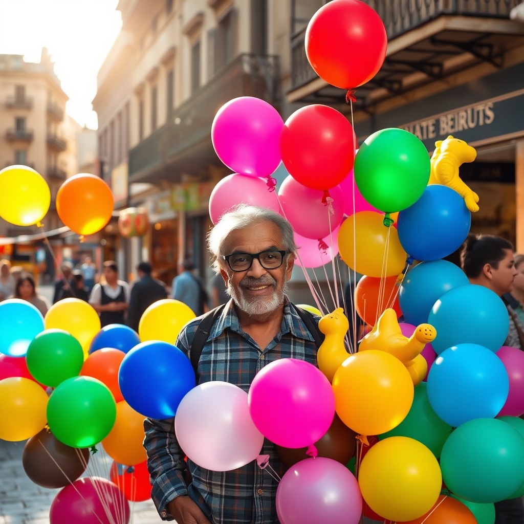 A colorful scene featuring a balloon seller in the vibrant streets of Beirut