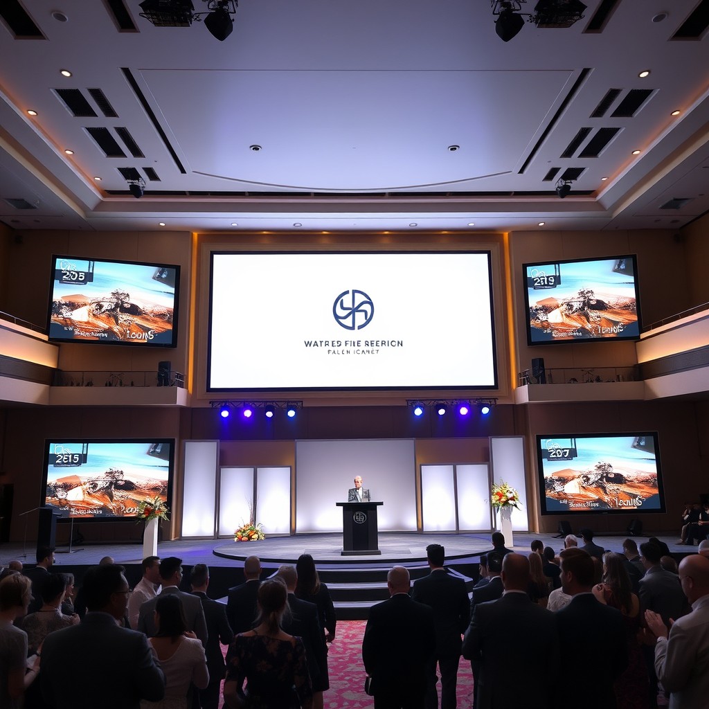 A luxurious media event stage featuring an elegant design with multiple large high-definition screens showcasing polished graphics and live content