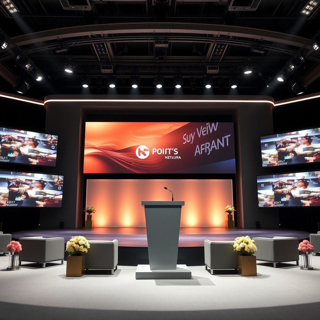 A very classy and modern media event stage design featuring multiple large, high-definition screens displaying engaging content and graphics relevant to the event