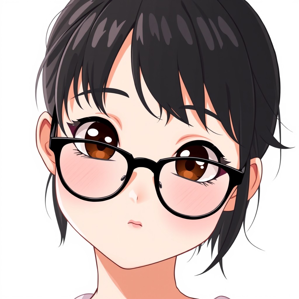 An anime woman with very light pale soft skin, featuring dark brown eyes that twinkle with charm, rosy cheeks that add a fresh glow to her rounded puffy face