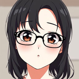 An anime woman with very light pale soft skin, featuring dark brown eyes that twinkle with charm, rosy cheeks that add a fresh glow to her rounded puffy face