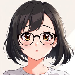 An anime woman with very light pale soft skin, featuring dark brown eyes that twinkle with charm, rosy cheeks that add a fresh glow to her rounded puffy face