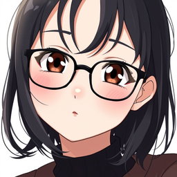 An anime woman with very light pale soft skin, featuring dark brown eyes that twinkle with charm, rosy cheeks that add a fresh glow to her rounded puffy face