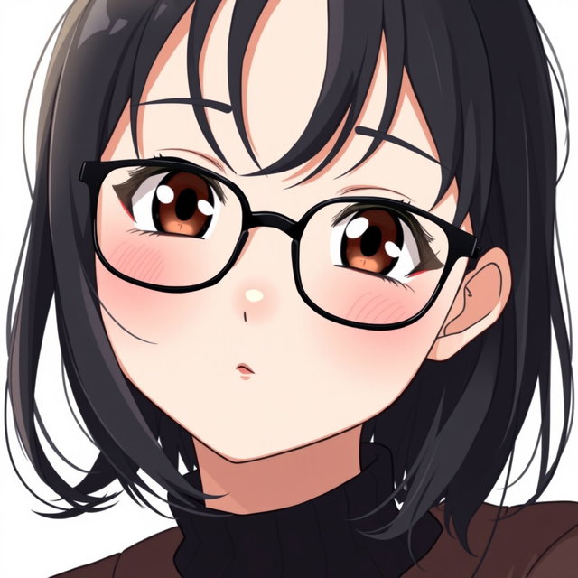 An anime woman with very light pale soft skin, featuring dark brown eyes that twinkle with charm, rosy cheeks that add a fresh glow to her rounded puffy face