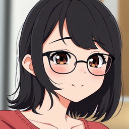 An anime woman with very light pale soft skin, featuring dark brown eyes that shine with warmth and personality, rosy cheeks that add a healthy glow to her rounded puffy face