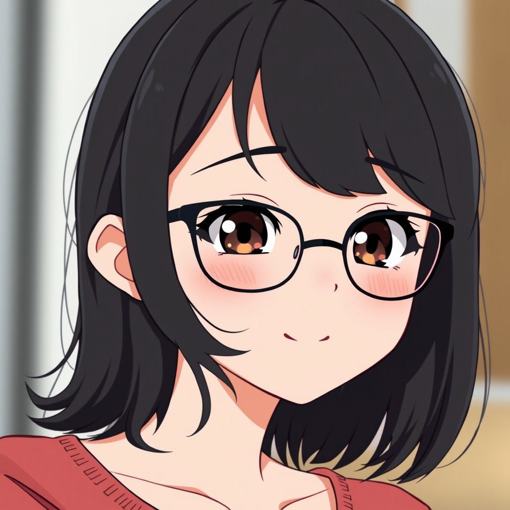 An anime woman with very light pale soft skin, featuring dark brown eyes that shine with warmth and personality, rosy cheeks that add a healthy glow to her rounded puffy face
