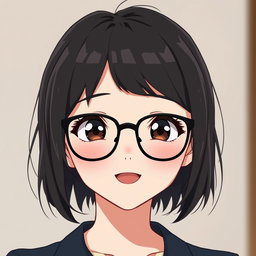 An anime woman with very light pale soft skin, featuring dark brown eyes that shine with warmth and personality, rosy cheeks that add a healthy glow to her rounded puffy face