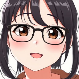 An anime woman with very light pale soft skin, featuring dark brown eyes that shine with warmth and personality, rosy cheeks that add a healthy glow to her rounded puffy face