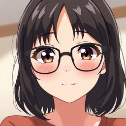 An anime woman with very light pale soft skin, featuring dark brown eyes that shine with warmth and personality, rosy cheeks that add a healthy glow to her rounded puffy face