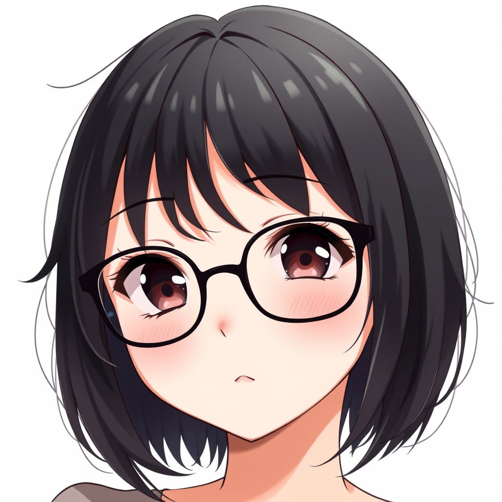 An anime woman with very light pale soft skin, featuring dark brown slitted eyes that give her an intriguing and mysterious look, rosy cheeks that enhance her charming rounded puffy face