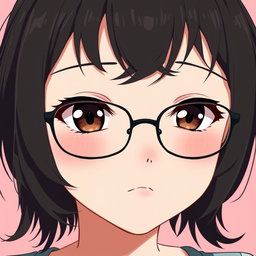 An anime woman with very light pale soft skin, featuring dark brown slitted eyes that give her an intriguing and mysterious look, rosy cheeks that enhance her charming rounded puffy face