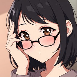 An anime woman with very light pale soft skin, featuring dark brown slitted eyes that give her an intriguing and mysterious look, rosy cheeks that enhance her charming rounded puffy face