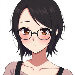 An anime woman with very light pale soft skin, featuring dark brown slitted eyes that give her an intriguing and mysterious look, rosy cheeks that enhance her charming rounded puffy face