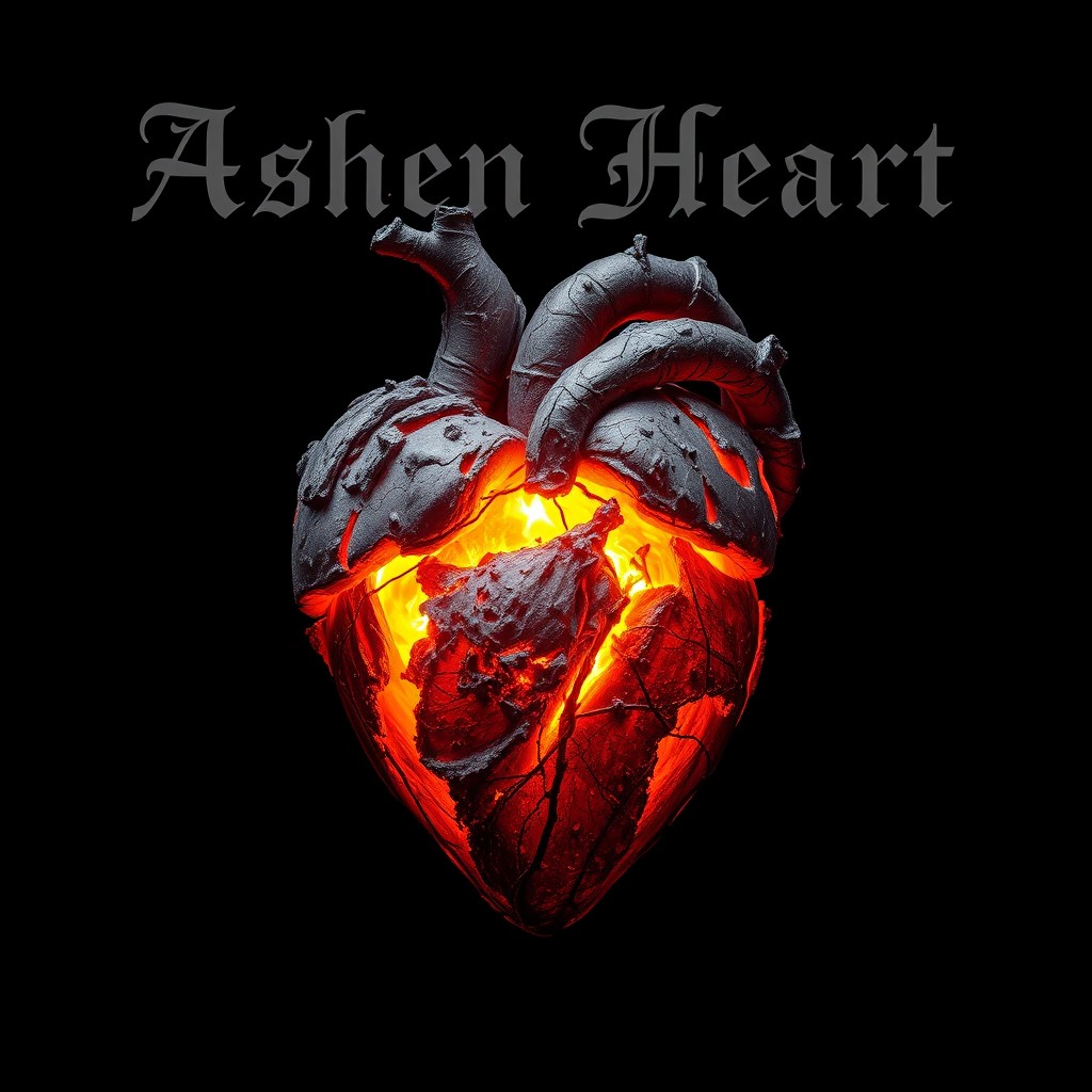 A human heart intricately crafted from ash and glowing embers, radiating warmth and energy