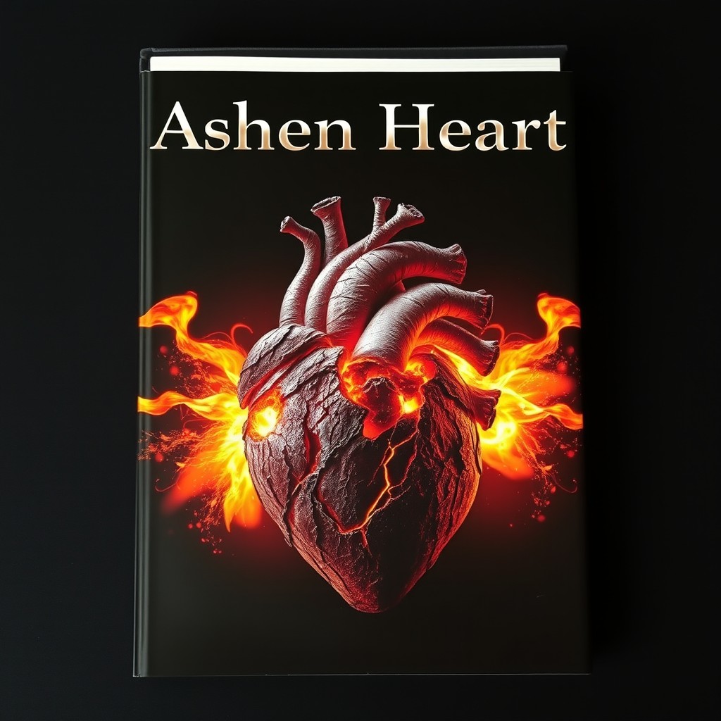 A captivating book cover featuring a human heart intricately crafted from ash and glowing embers, radiating warmth and energy