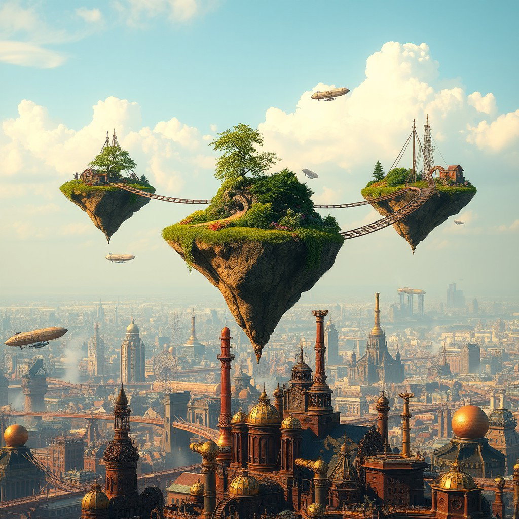 Three floating islands forming a perfect triangle in the sky, each island adorned with lush greenery and vibrant flowers
