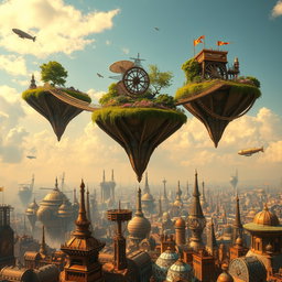 Three floating islands forming a perfect triangle in the sky, each island adorned with lush greenery and vibrant flowers