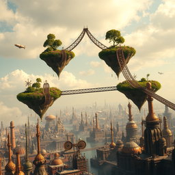 Three floating islands forming a perfect triangle in the sky, each island adorned with lush greenery and vibrant flowers