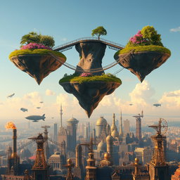Three floating islands forming a perfect triangle in the sky, each island adorned with lush greenery and vibrant flowers