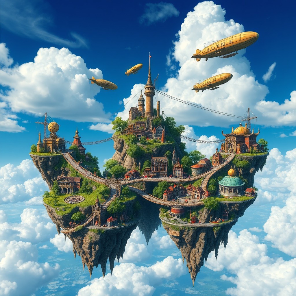 Three floating islands forming a perfect triangle, intricately connected with multiple beautifully designed bridges