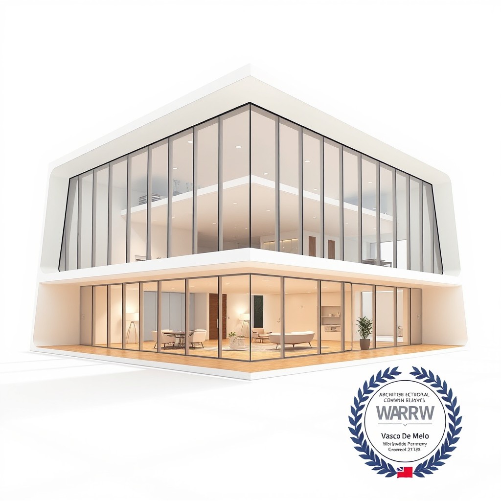 An architectural visualization of a futuristic two-story building from the WARARCHITEKTURE brand, featuring an indestructible asymmetrical design with panoramic bulletproof glass