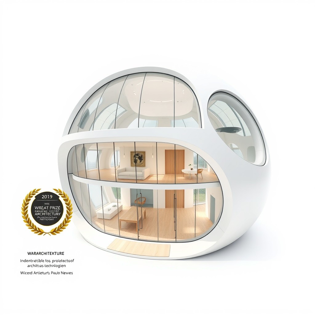 A futuristic architectural concept for the brand 'WARARCHITEKTURE', showcasing an indestructible, asymmetrical two-floor building resembling a giant pod