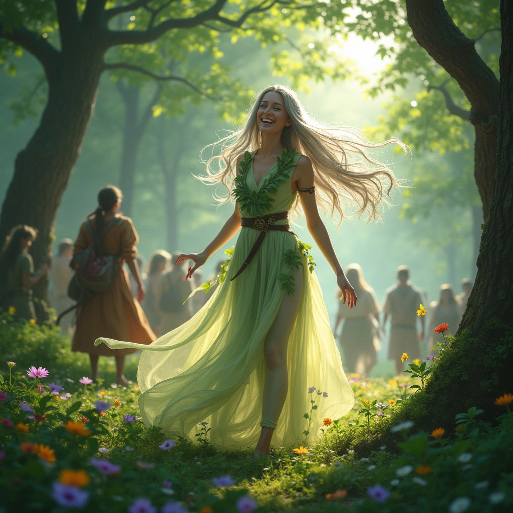 A mystical forest scene featuring Lirael Duskfeather, a graceful elven woman with flowing, ethereal hair that shimmers in shades of silver and green