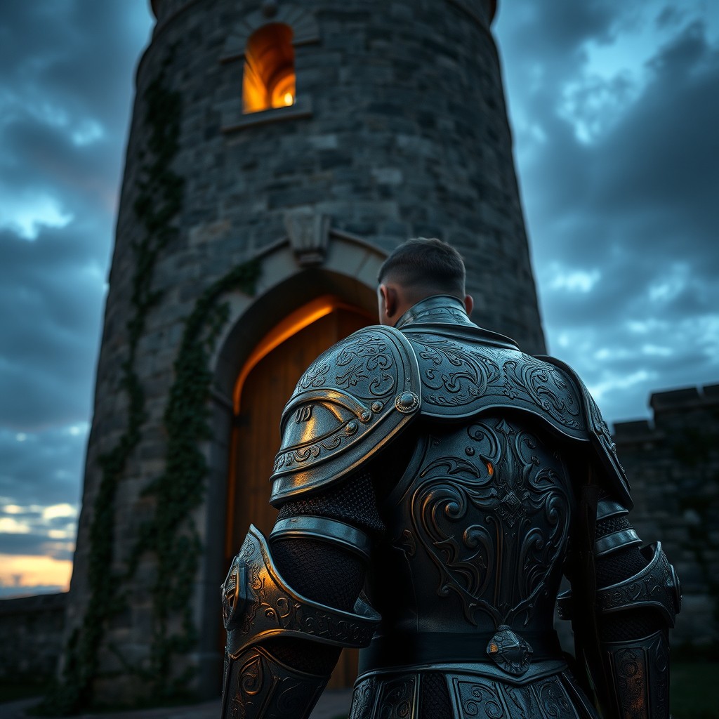 A man wearing intricate armor, depicting a medieval knight, entering a grand stone tower